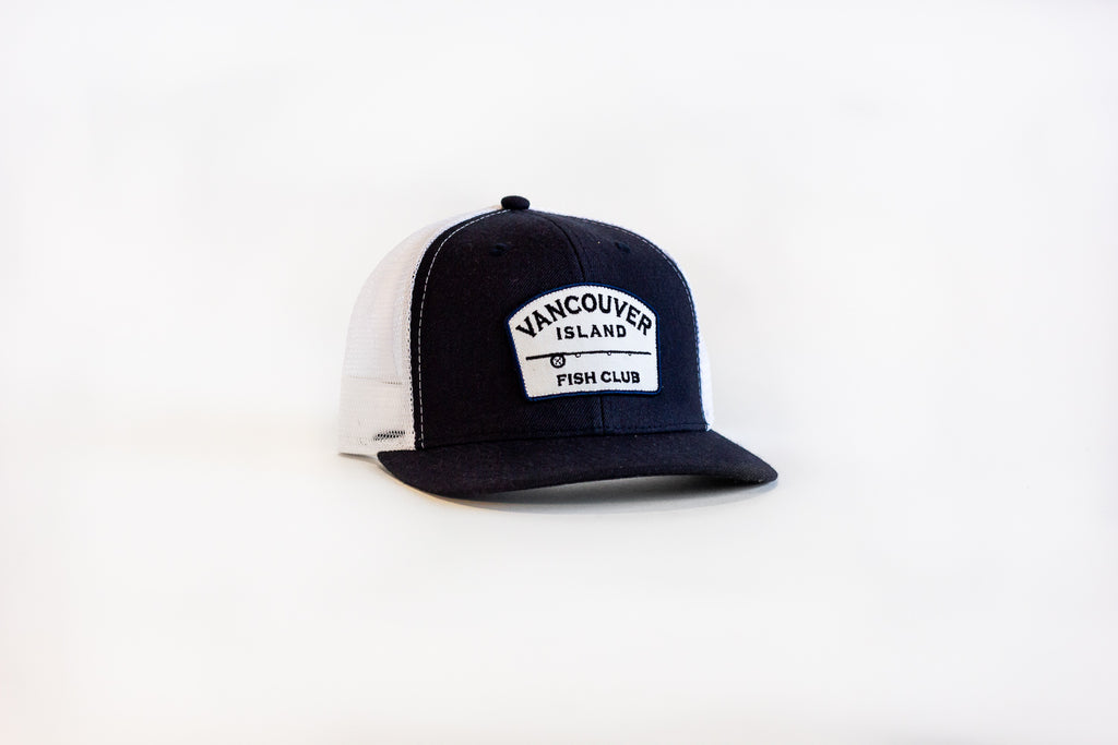 KIDS White and Navy Snapback – Vancouver Island Fish Club